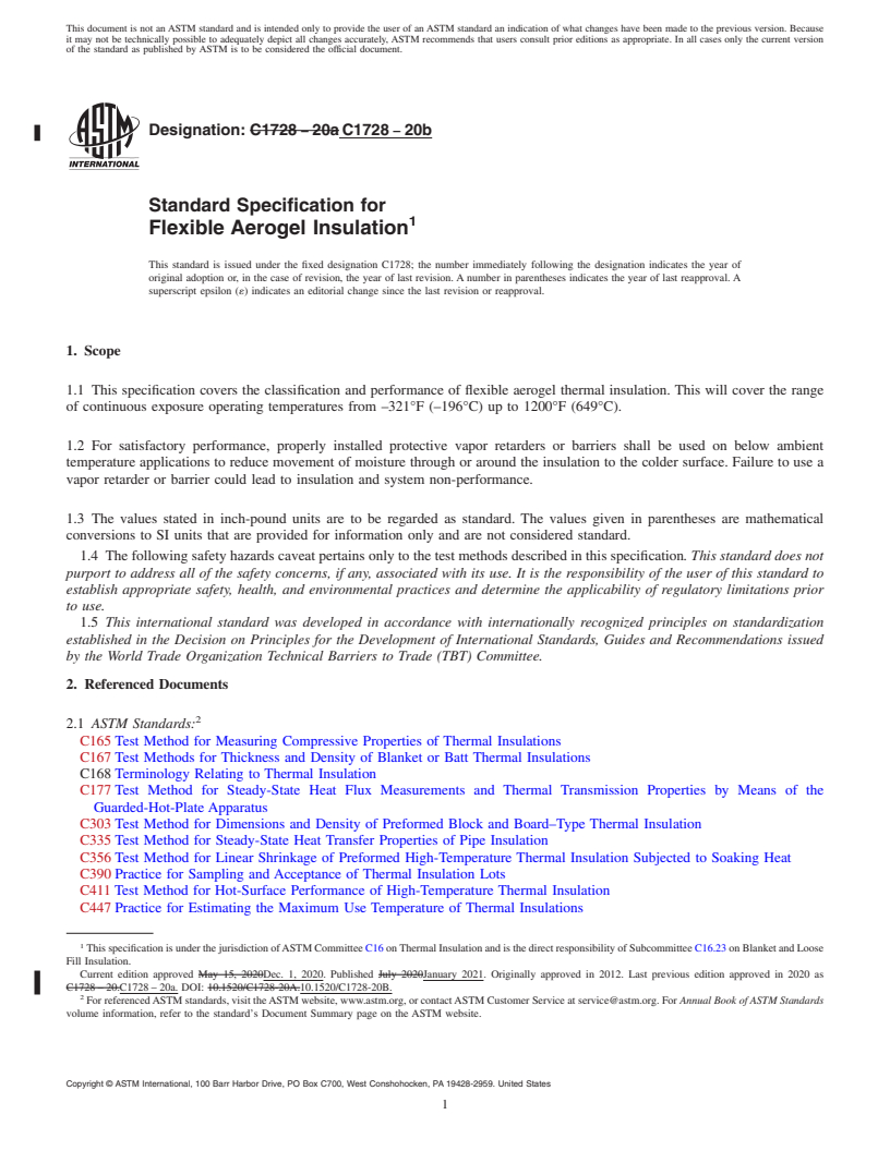 REDLINE ASTM C1728-20b - Standard Specification for  Flexible Aerogel Insulation