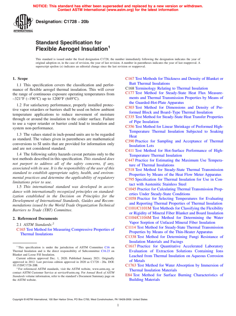 ASTM C1728-20b - Standard Specification for  Flexible Aerogel Insulation