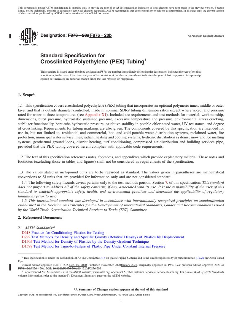 REDLINE ASTM F876-20b - Standard Specification for  Crosslinked Polyethylene (PEX) Tubing