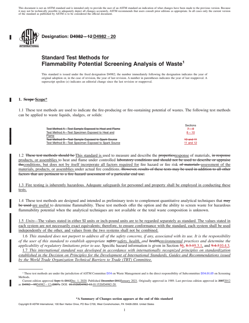 REDLINE ASTM D4982-20 - Standard Test Methods for Flammability Potential Screening Analysis of Waste