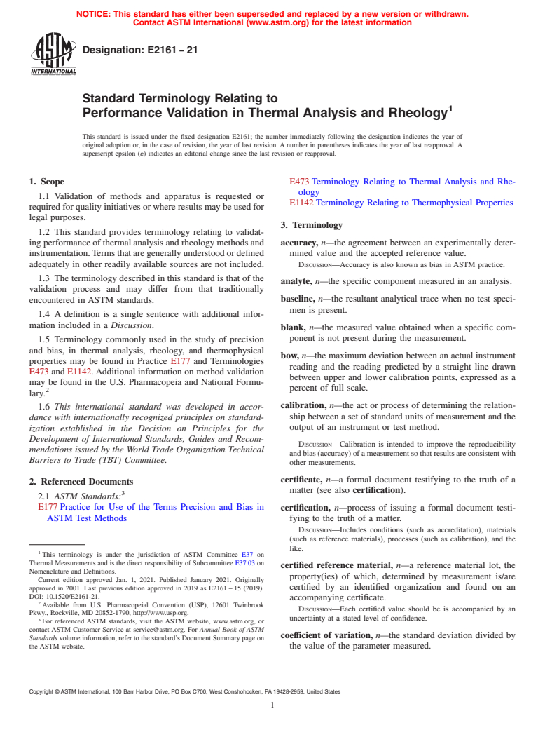 ASTM E2161-21 - Standard Terminology Relating to  Performance Validation in Thermal Analysis and Rheology