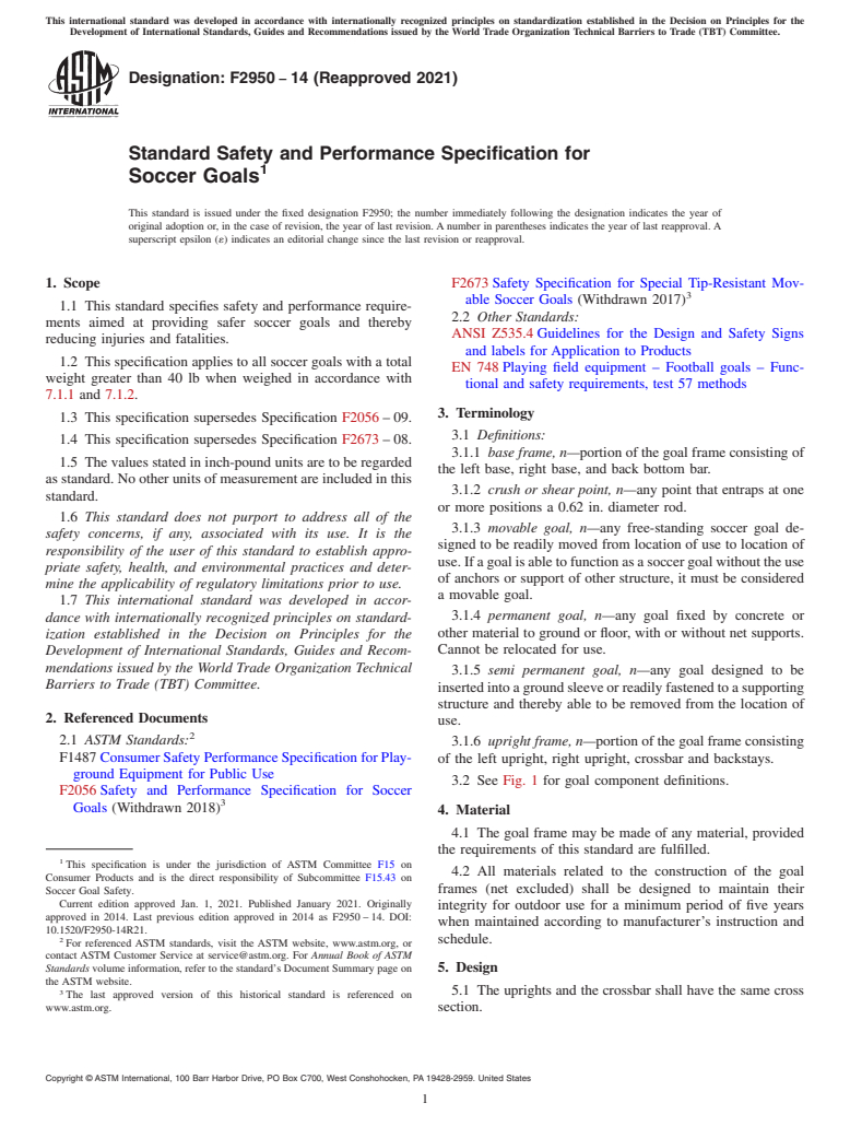 ASTM F2950-14(2021) - Standard Safety and Performance Specification for Soccer Goals