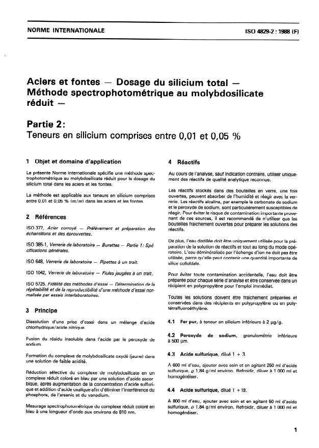 ISO 4829-2:1988 - Aciers et fontes -- Dosage du silicium total -- Méthode spectrophotométrique au molybdosilicate réduit