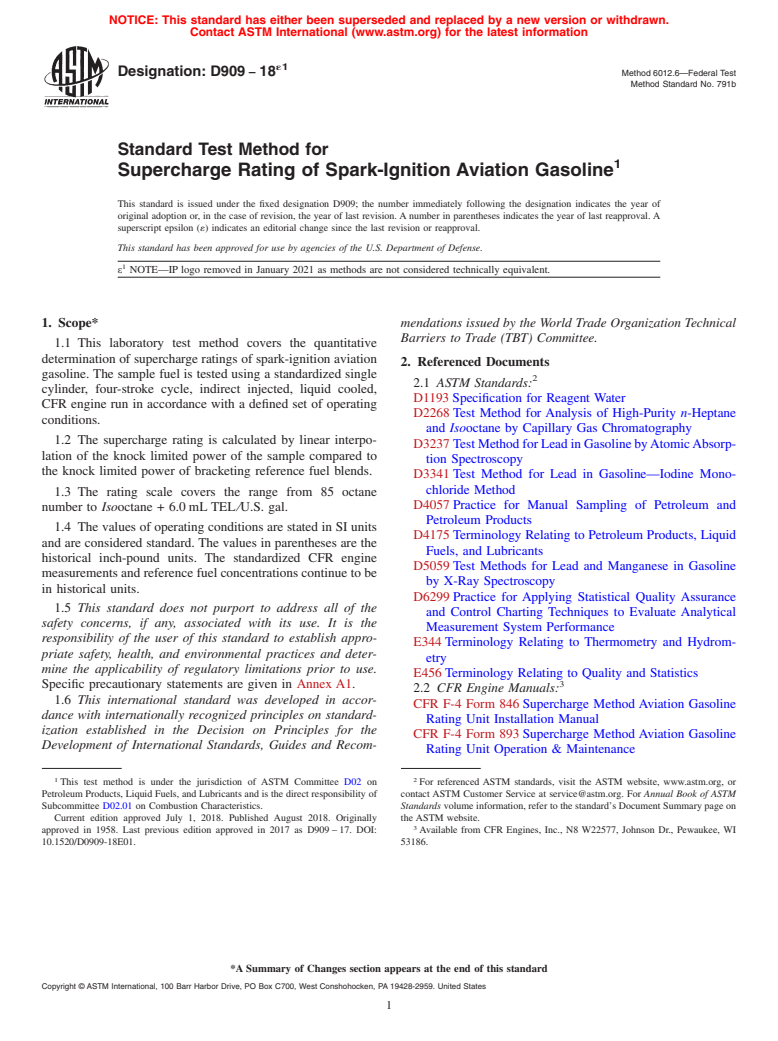 ASTM D909-18e1 - Standard Test Method for Supercharge Rating of Spark-Ignition Aviation Gasoline