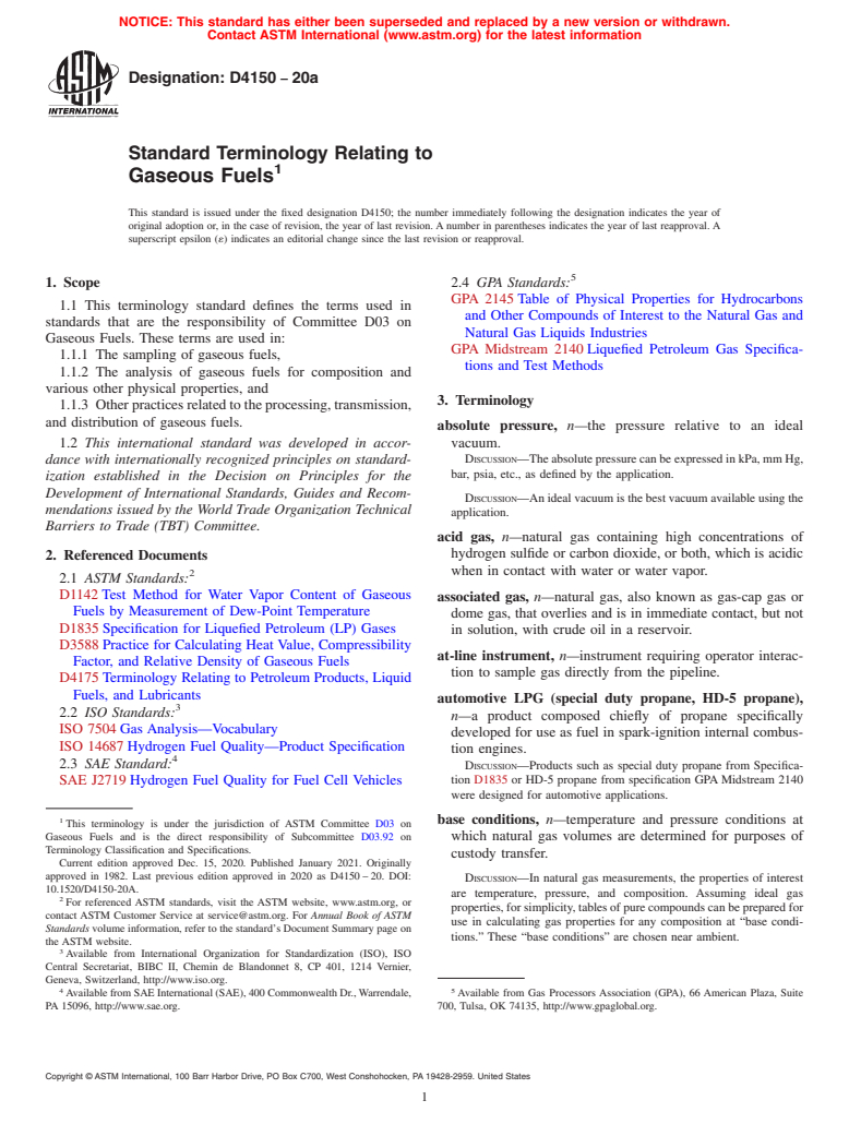 ASTM D4150-20a - Standard Terminology Relating to  Gaseous Fuels