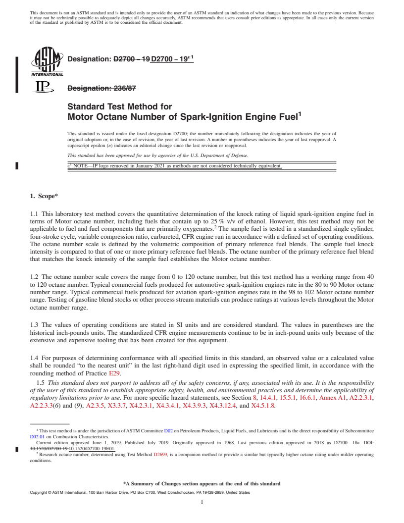 REDLINE ASTM D2700-19e1 - Standard Test Method for Motor Octane Number of Spark-Ignition Engine Fuel