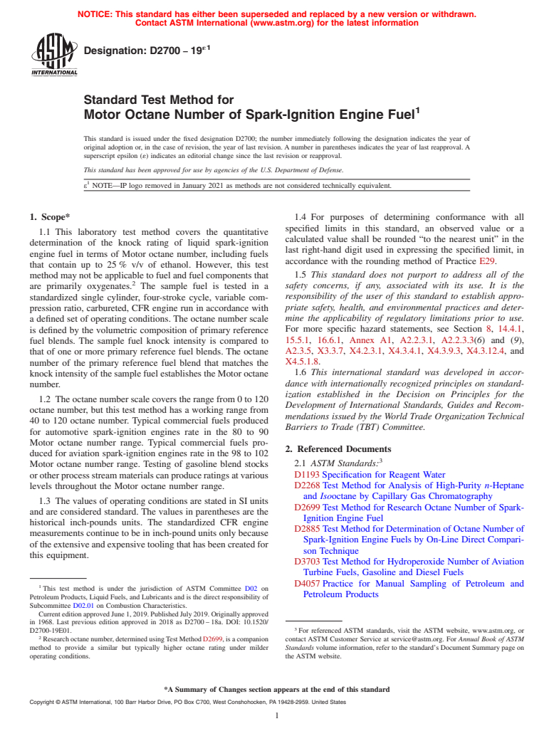 ASTM D2700-19e1 - Standard Test Method for Motor Octane Number of Spark-Ignition Engine Fuel