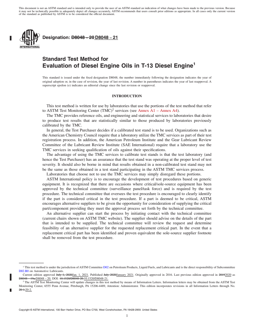 REDLINE ASTM D8048-21 - Standard Test Method for Evaluation of Diesel Engine Oils in T-13 Diesel Engine