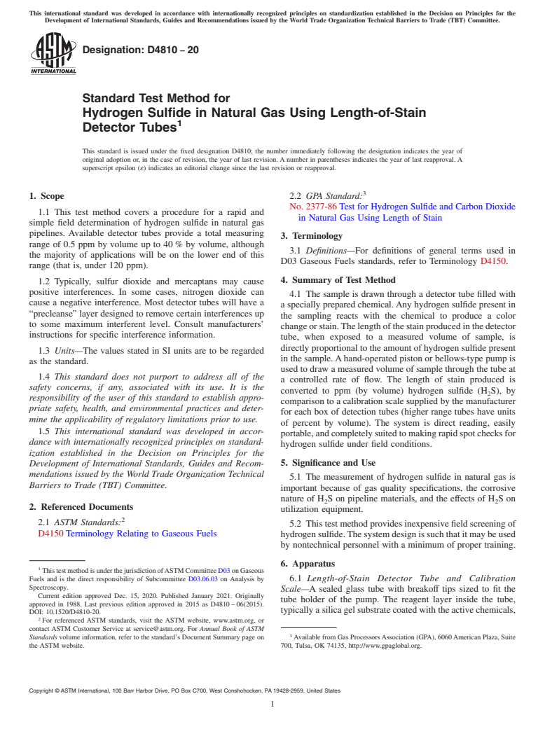 ASTM D4810-20 - Standard Test Method for  Hydrogen Sulfide in Natural Gas Using Length-of-Stain Detector  Tubes
