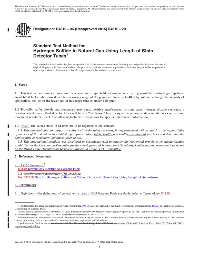 REDLINE ASTM D4810-20 - Standard Test Method for  Hydrogen Sulfide in Natural Gas Using Length-of-Stain Detector  Tubes