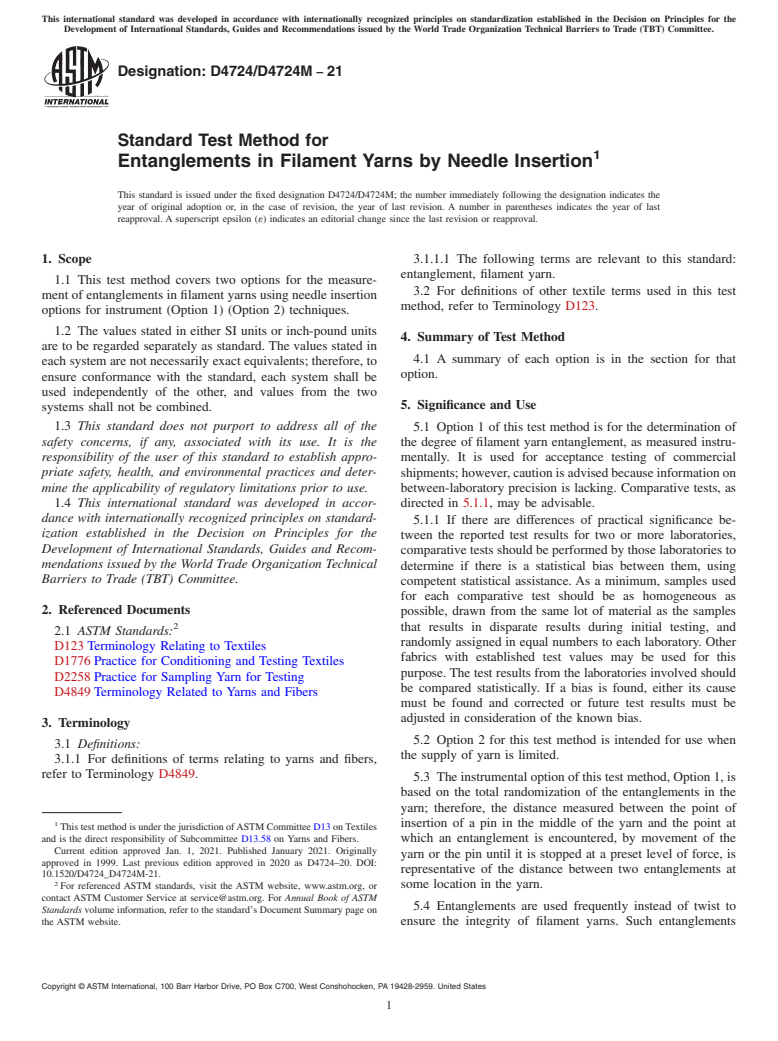 ASTM D4724/D4724M-21 - Standard Test Method for  Entanglements in Filament Yarns by Needle Insertion