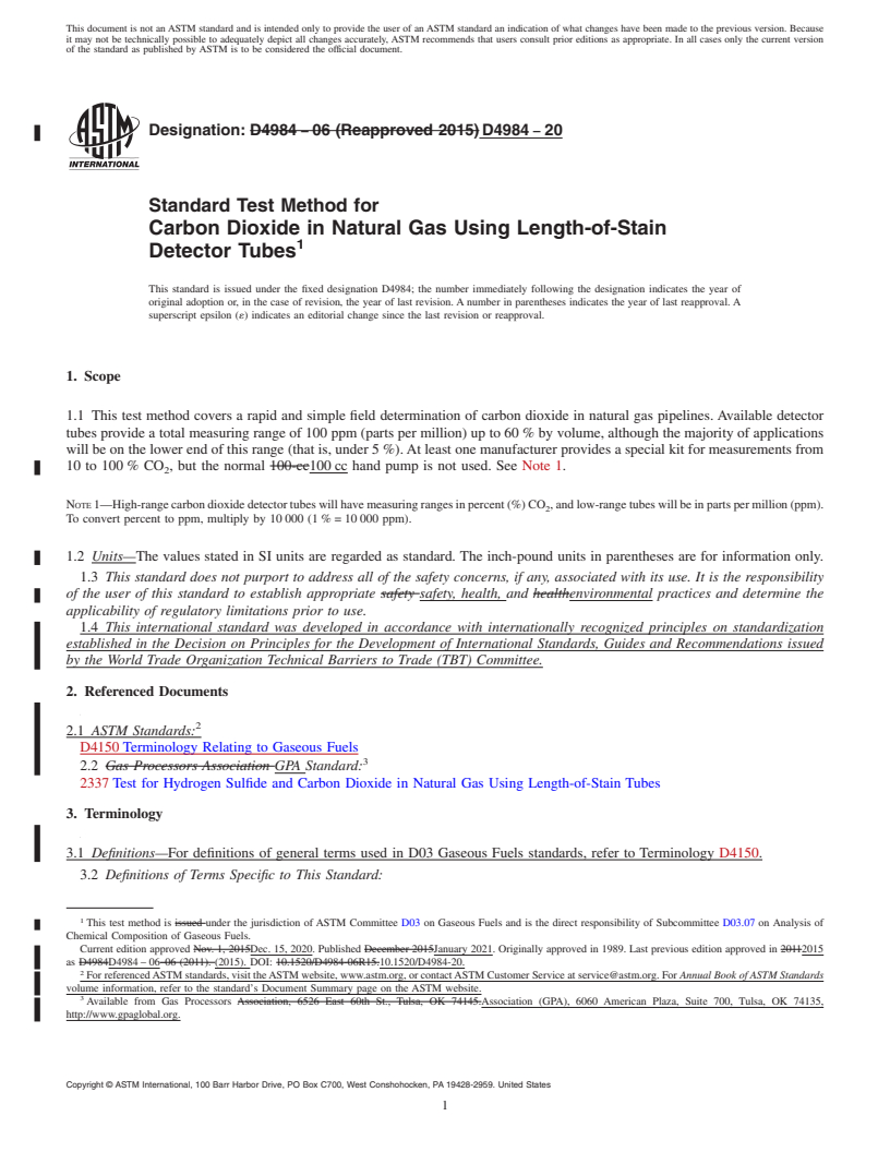 REDLINE ASTM D4984-20 - Standard Test Method for  Carbon Dioxide in Natural Gas Using Length-of-Stain Detector  Tubes