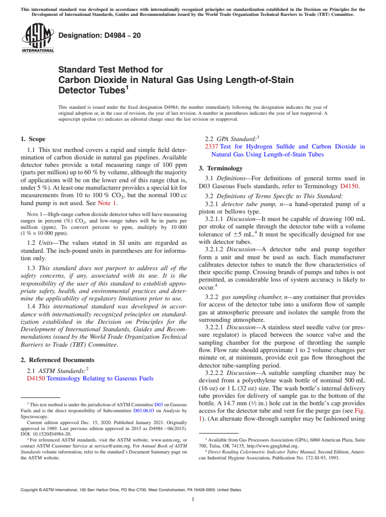 ASTM D4984-20 - Standard Test Method for  Carbon Dioxide in Natural Gas Using Length-of-Stain Detector  Tubes