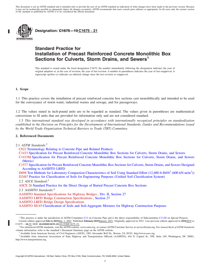 REDLINE ASTM C1675-21 - Standard Practice for  Installation of Precast Reinforced Concrete Monolithic Box   Sections for Culverts, Storm Drains, and Sewers