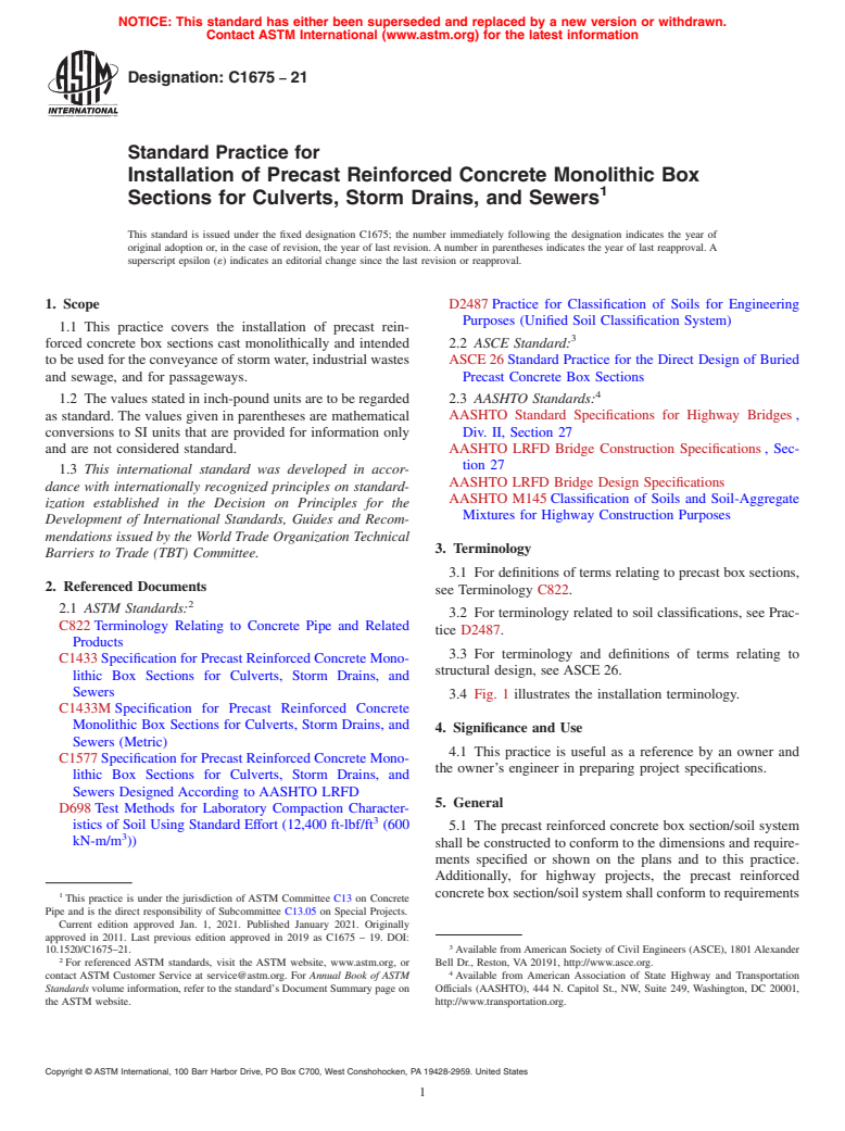 ASTM C1675-21 - Standard Practice for  Installation of Precast Reinforced Concrete Monolithic Box   Sections for Culverts, Storm Drains, and Sewers