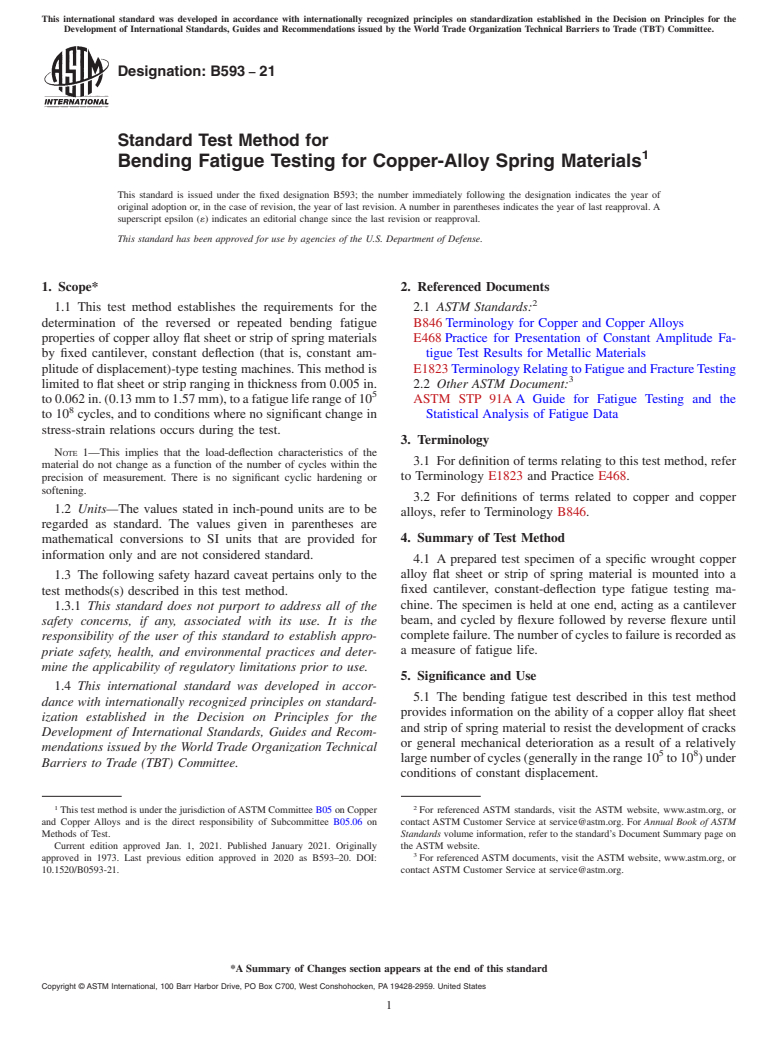 ASTM B593-21 - Standard Test Method for Bending Fatigue Testing for Copper-Alloy Spring Materials