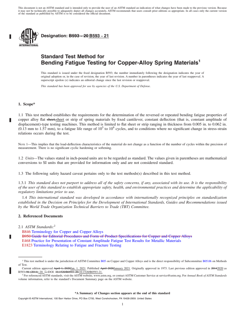 REDLINE ASTM B593-21 - Standard Test Method for Bending Fatigue Testing for Copper-Alloy Spring Materials
