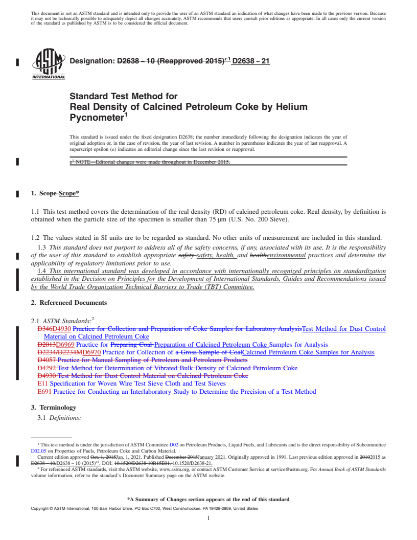 REDLINE ASTM D2638-21 - Standard Test Method for  Real Density of Calcined Petroleum Coke by Helium Pycnometer