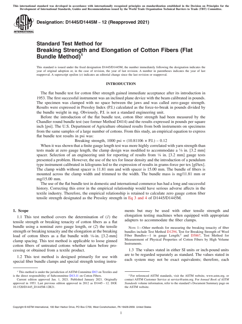 ASTM D1445/D1445M-12(2021) - Standard Test Method for  Breaking Strength and Elongation of Cotton Fibers (Flat Bundle  Method)