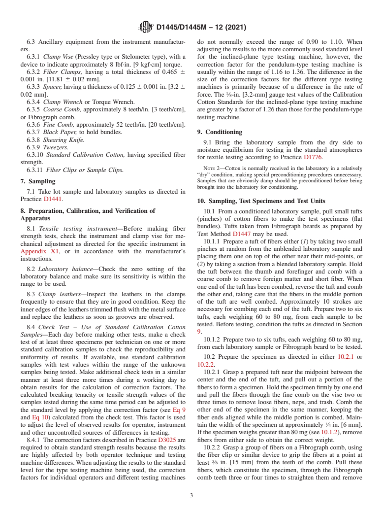 ASTM D1445/D1445M-12(2021) - Standard Test Method for  Breaking Strength and Elongation of Cotton Fibers (Flat Bundle  Method)