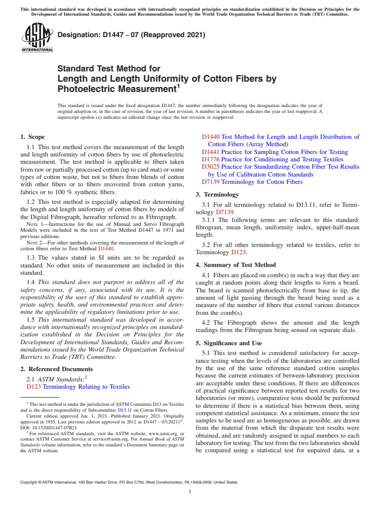 ASTM D1447-07(2021) - Standard Test Method for  Length and Length Uniformity of Cotton Fibers by Photoelectric  Measurement