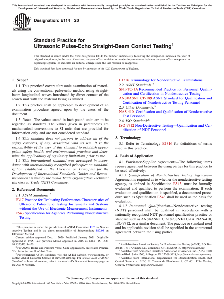 ASTM E114-20 - Standard Practice for  Ultrasonic Pulse-Echo Straight-Beam Contact Testing