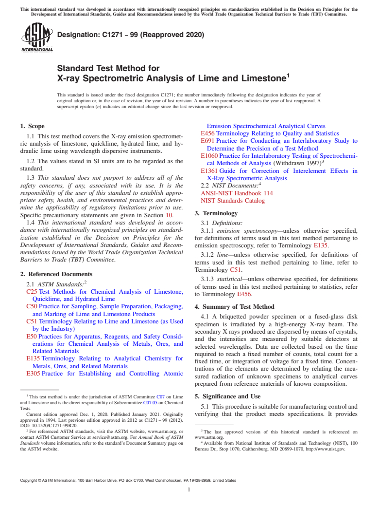 ASTM C1271-99(2020) - Standard Test Method for  X-ray Spectrometric Analysis of Lime and Limestone