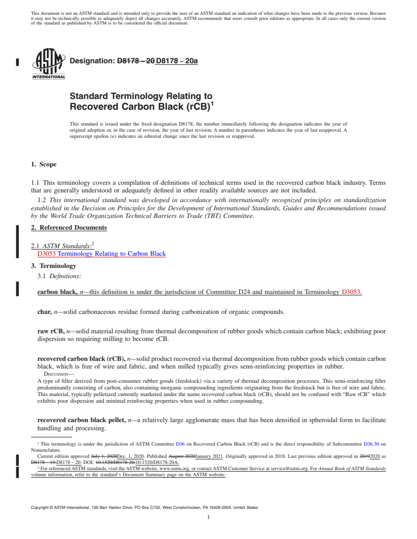 REDLINE ASTM D8178-20a - Standard Terminology Relating to Recovered Carbon Black (rCB)