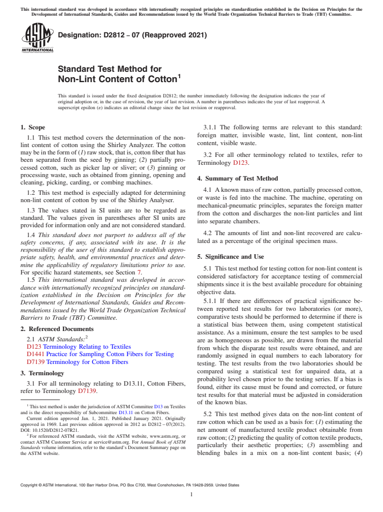 ASTM D2812-07(2021) - Standard Test Method for  Non-Lint Content of Cotton