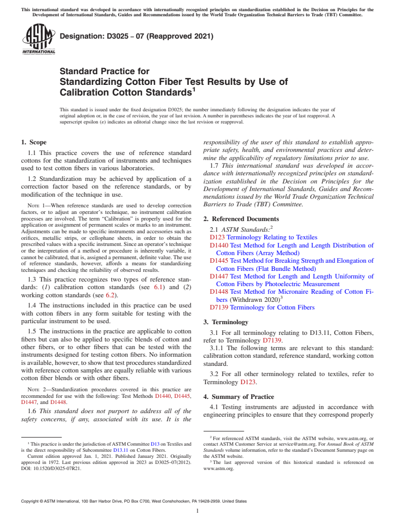 ASTM D3025-07(2021) - Standard Practice for  Standardizing Cotton Fiber Test Results by Use of Calibration  Cotton Standards