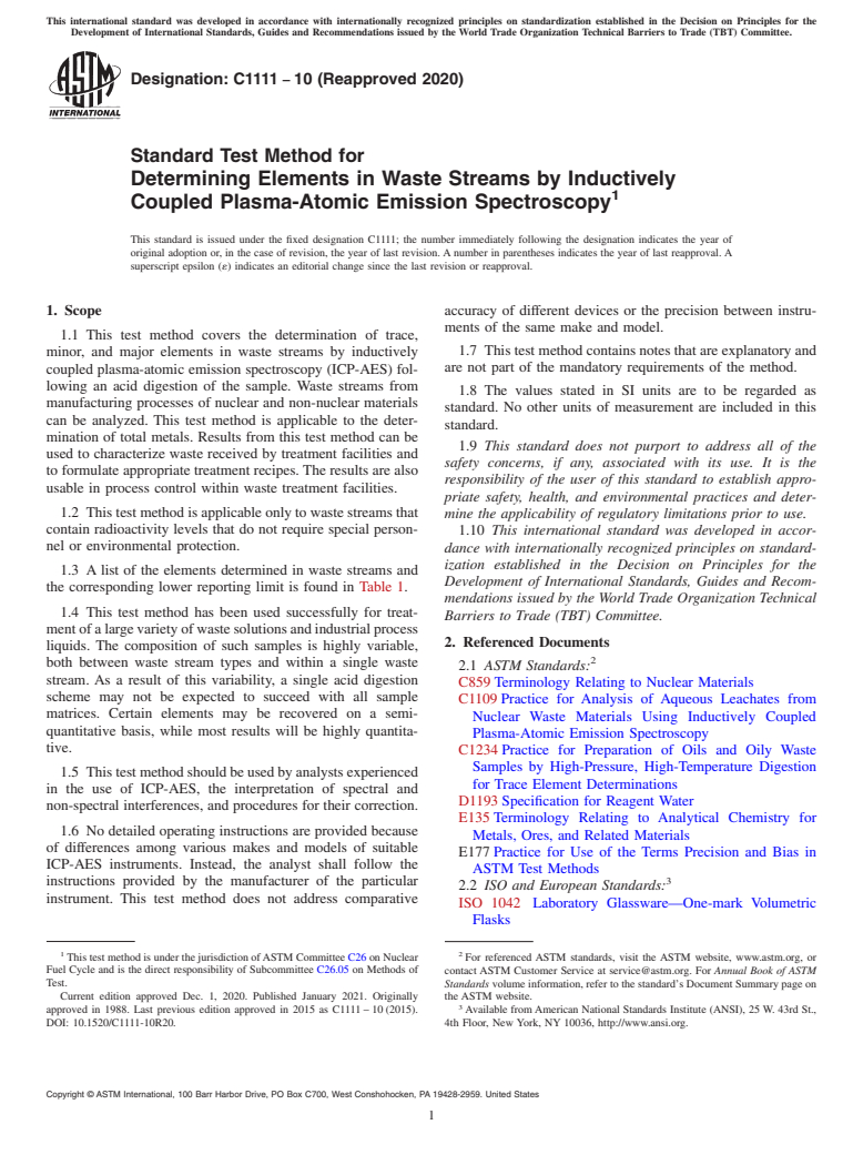 ASTM C1111-10(2020) - Standard Test Method for  Determining Elements in Waste Streams by Inductively Coupled  Plasma-Atomic Emission Spectroscopy