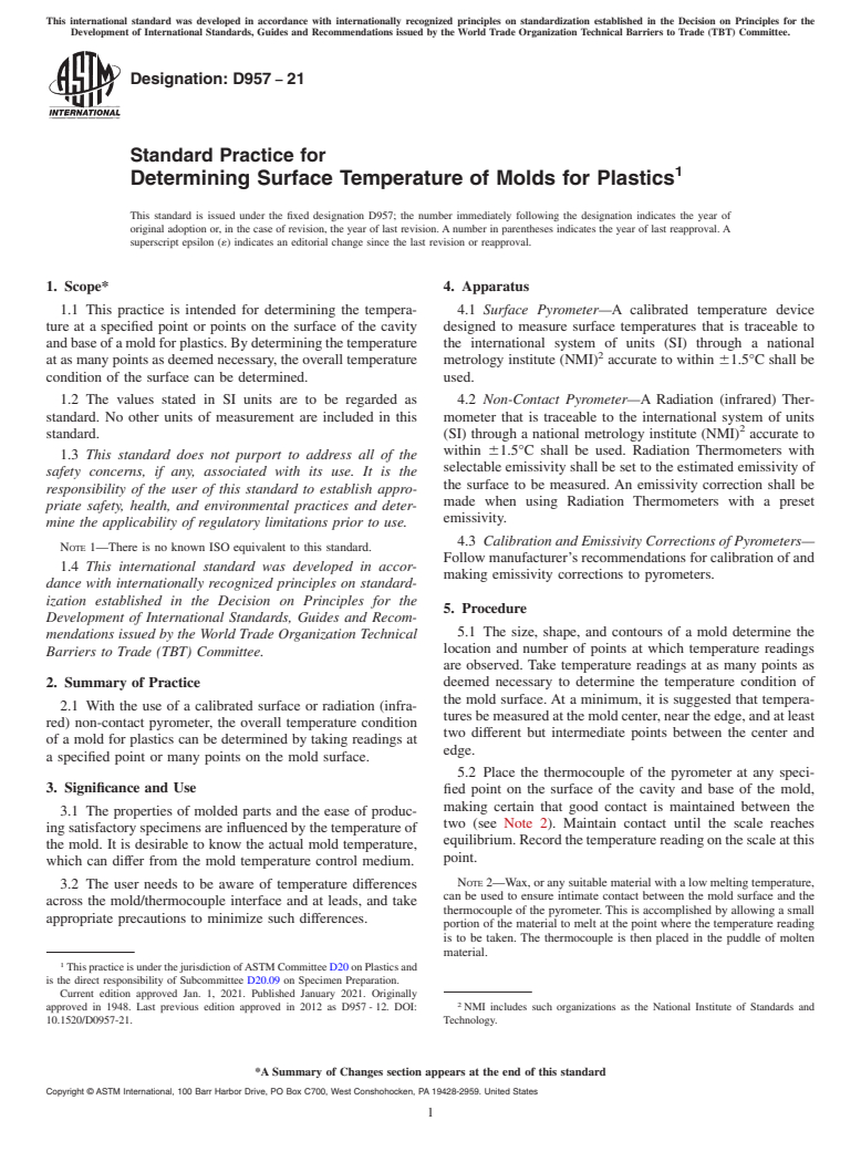 ASTM D957-21 - Standard Practice for  Determining Surface Temperature of Molds for Plastics