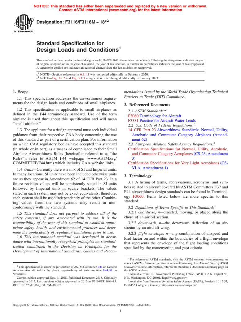 ASTM F3116/F3116M-18e2 - Standard Specification for Design Loads and Conditions