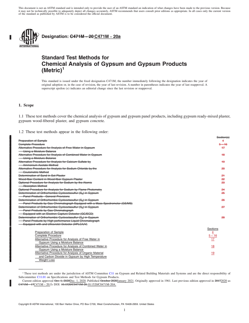 REDLINE ASTM C471M-20a - Standard Test Methods for  Chemical Analysis of Gypsum and Gypsum Products (Metric)