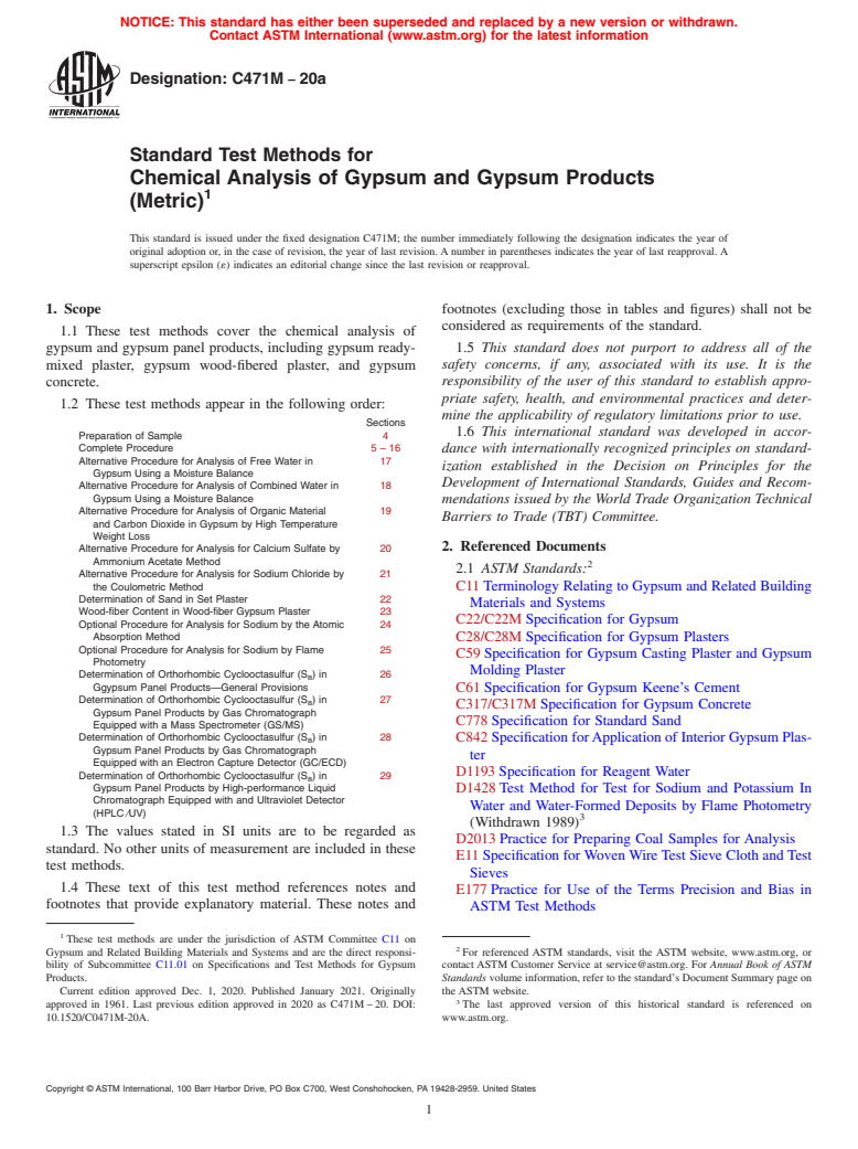 ASTM C471M-20a - Standard Test Methods for  Chemical Analysis of Gypsum and Gypsum Products (Metric)