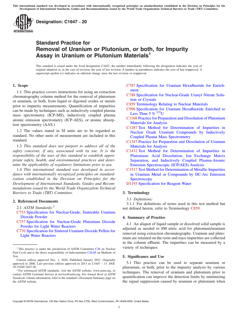 ASTM C1647-20 - Standard Practice for  Removal of Uranium or Plutonium, or both, for Impurity Assay  in Uranium or Plutonium Materials