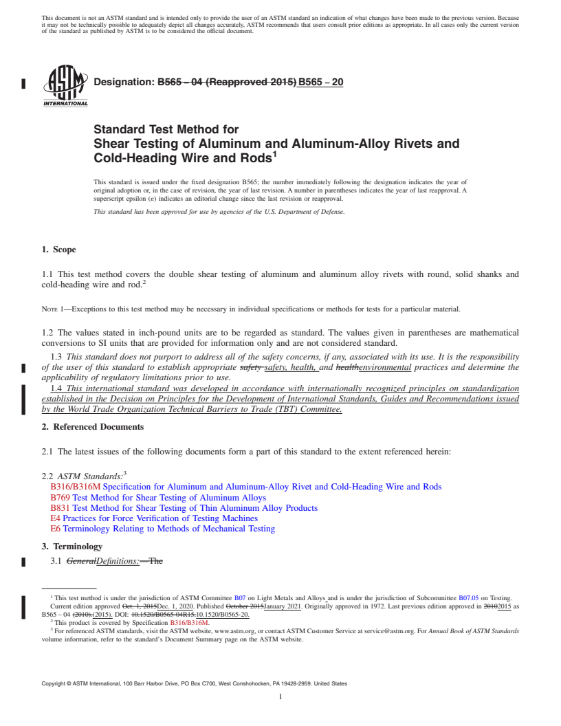 REDLINE ASTM B565-20 - Standard Test Method for  Shear Testing of Aluminum and Aluminum-Alloy Rivets and Cold-Heading  Wire and Rods