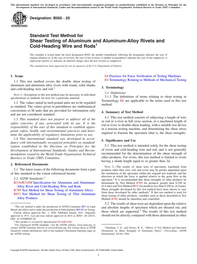 ASTM B565-20 - Standard Test Method for  Shear Testing of Aluminum and Aluminum-Alloy Rivets and Cold-Heading  Wire and Rods