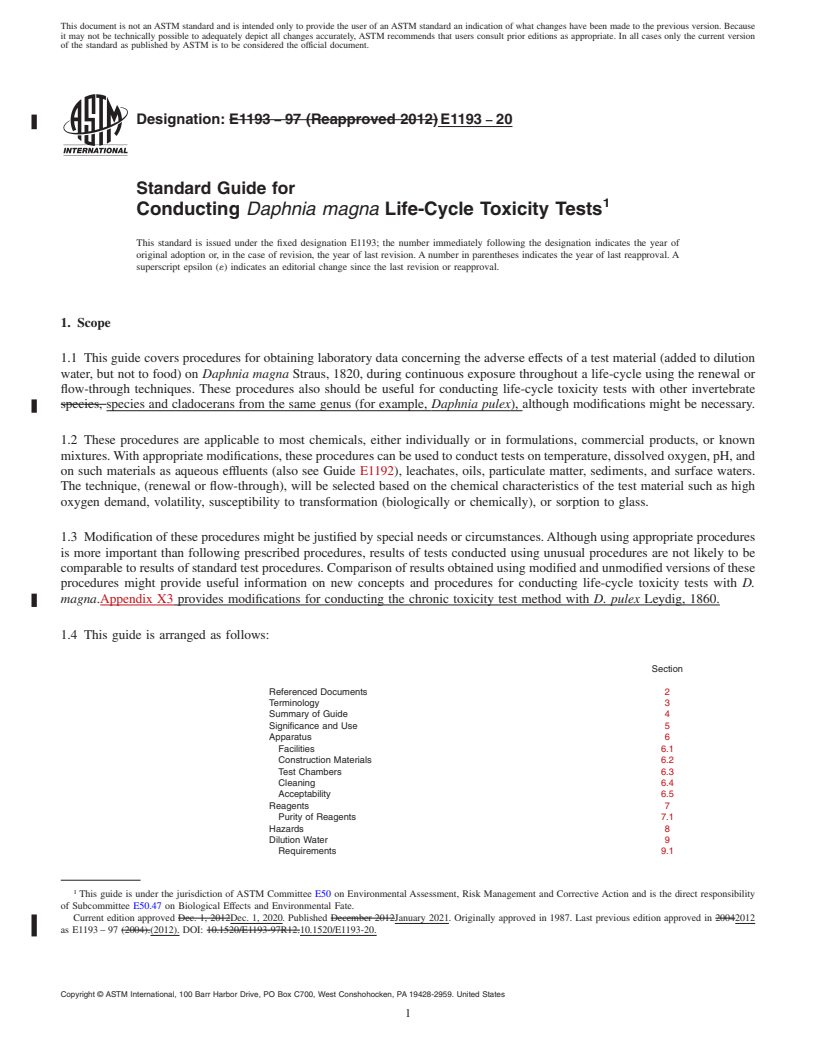 REDLINE ASTM E1193-20 - Standard Guide for  Conducting <emph type="ital">Daphnia magna</emph> Life-Cycle  Toxicity Tests