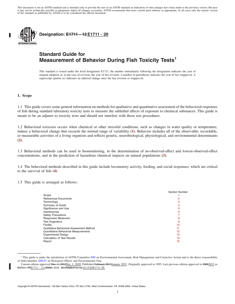 REDLINE ASTM E1711-20 - Standard Guide for  Measurement of Behavior During Fish Toxicity Tests
