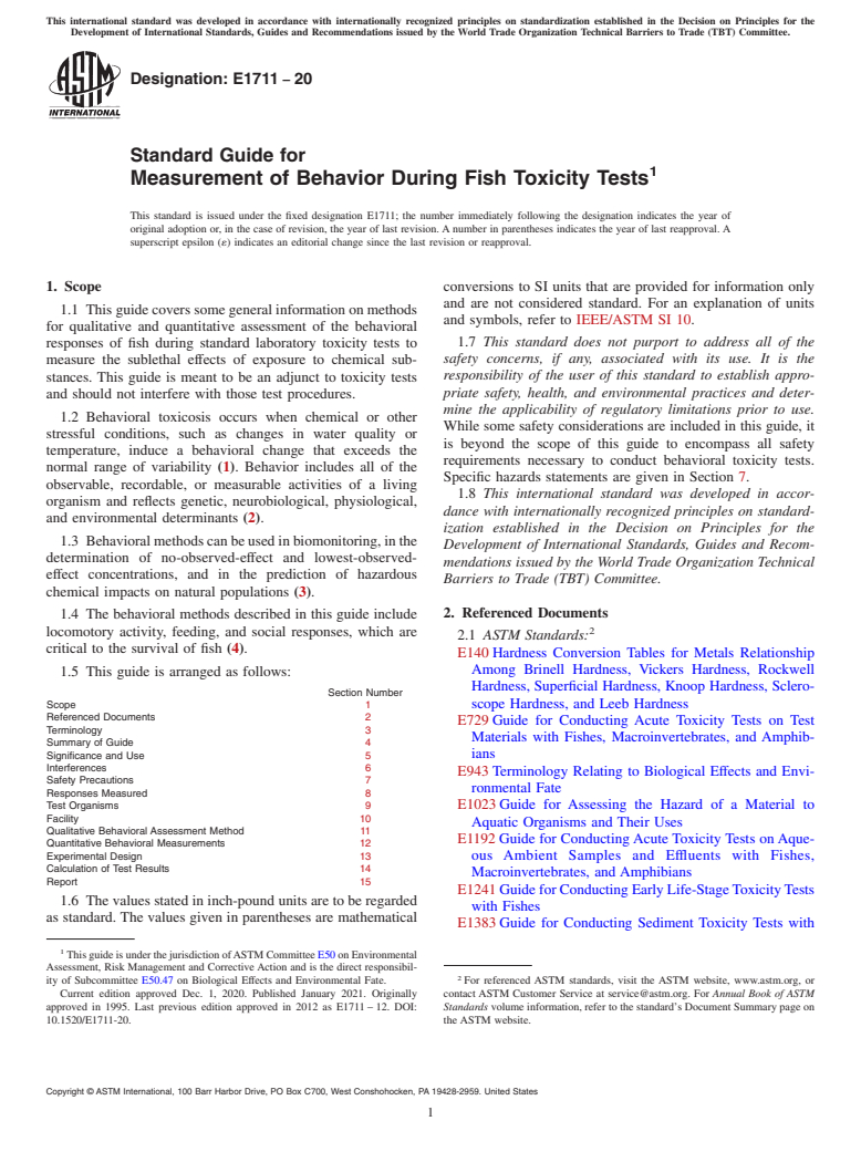 ASTM E1711-20 - Standard Guide for  Measurement of Behavior During Fish Toxicity Tests
