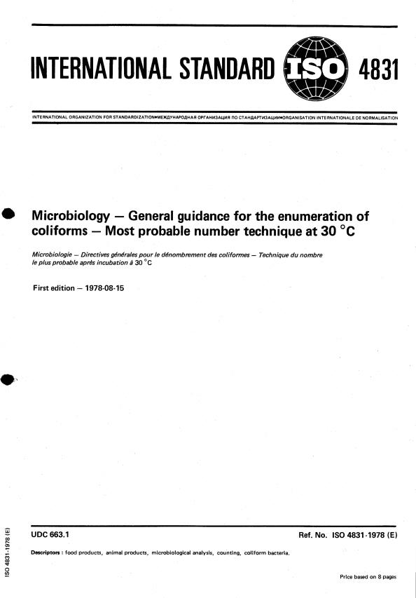 ISO 4831:1978 - Microbiology -- General guidance for the enumeration of coliforms -- Most probable number technique at 30 degrees C