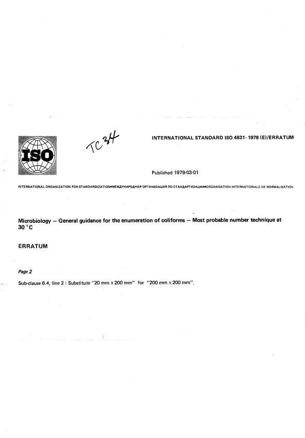 ISO 4831:1978 - Microbiology -- General guidance for the enumeration of coliforms -- Most probable number technique at 30 degrees C