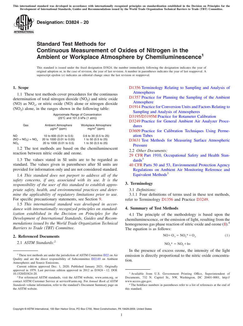 ASTM D3824-20 - Standard Test Methods for  Continuous Measurement of Oxides of Nitrogen in the Ambient  or Workplace Atmosphere by Chemiluminescence