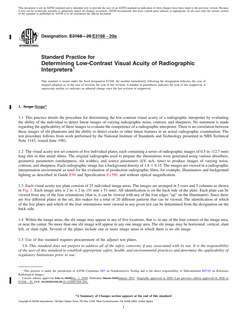 REDLINE ASTM E3168-20a - Standard Practice for Determining Low-Contrast Visual Acuity of Radiographic Interpreters