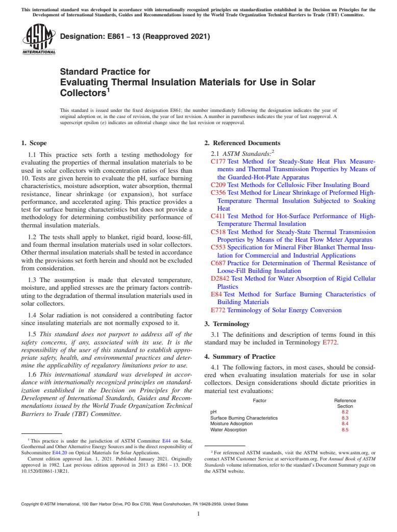 ASTM E861-13(2021) - Standard Practice for  Evaluating Thermal Insulation Materials for Use in Solar Collectors