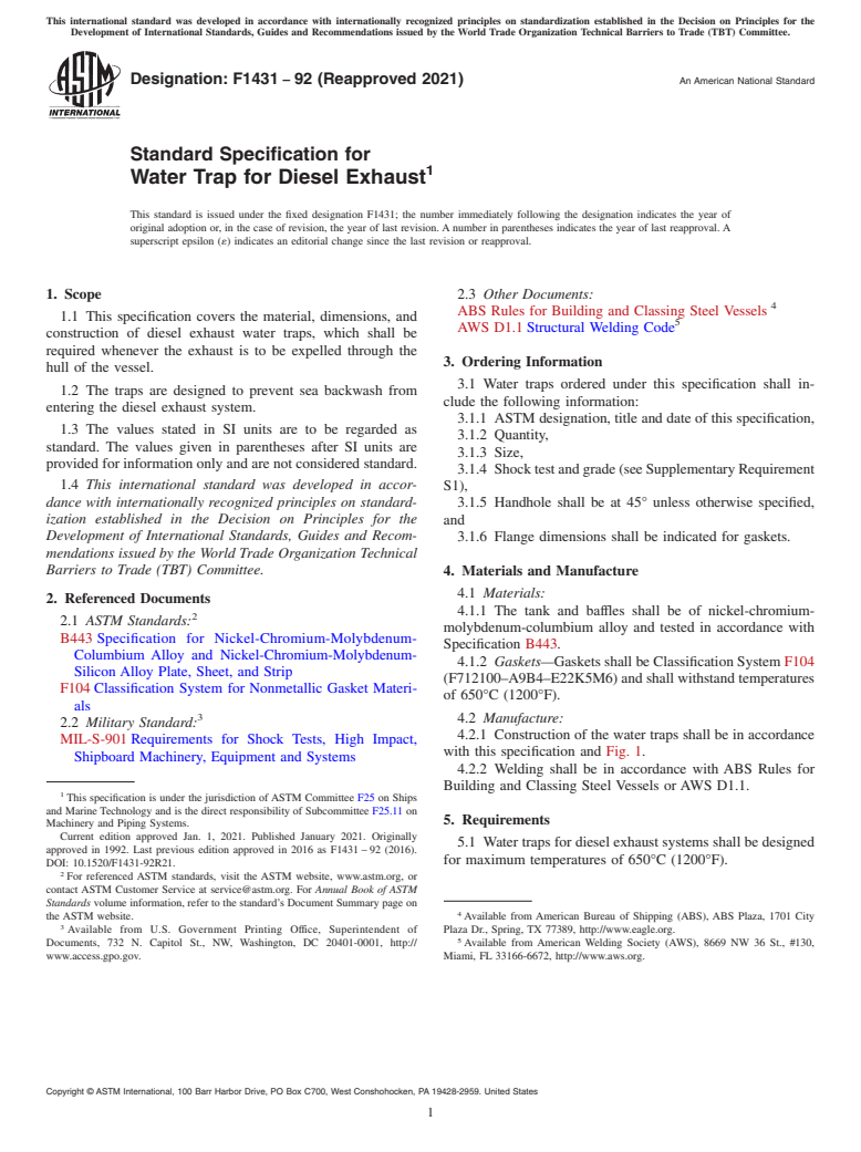 ASTM F1431-92(2021) - Standard Specification for  Water Trap for Diesel Exhaust