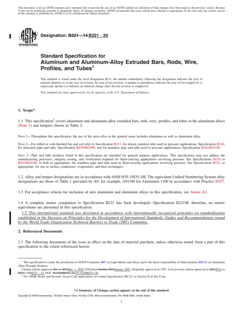 REDLINE ASTM B221-20 - Standard Specification for  Aluminum and Aluminum-Alloy Extruded Bars, Rods, Wire, Profiles,  and Tubes