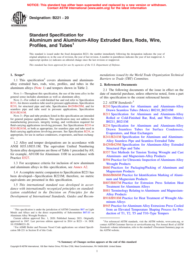 ASTM B221-20 - Standard Specification for  Aluminum and Aluminum-Alloy Extruded Bars, Rods, Wire, Profiles,  and Tubes