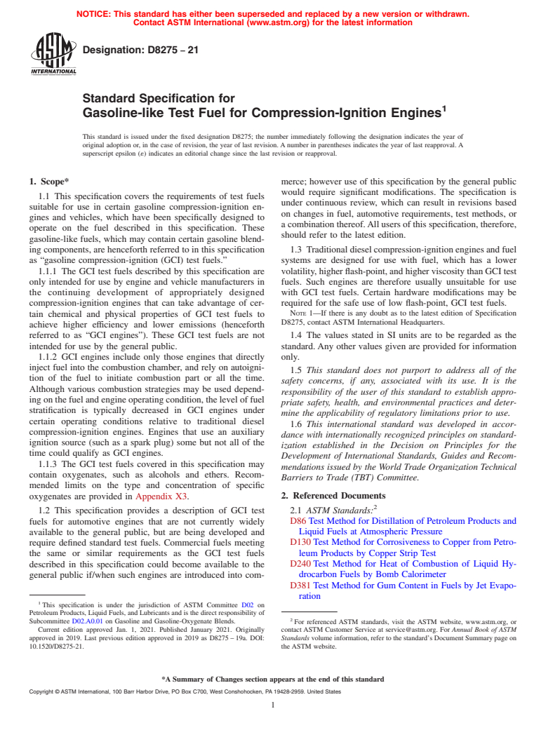 ASTM D8275-21 - Standard Specification for Gasoline-like Test Fuel for Compression-Ignition Engines